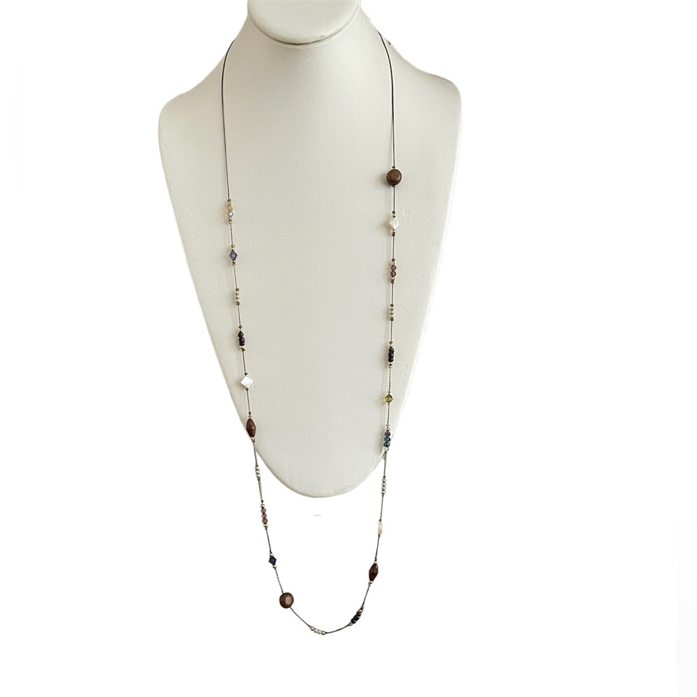Japanese multi gem & wood antiqued brass long necklace - Picture 2 of 10